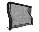 A black sports rebounder net with a sturdy frame and curved design, standing on a flat surface.