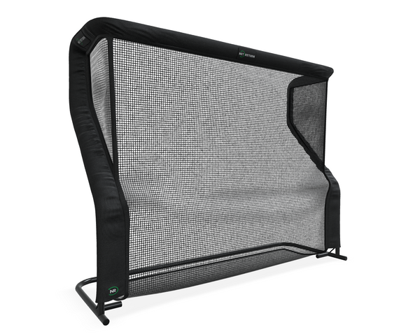 A black sports rebounder net with a sturdy frame and curved design, standing on a flat surface.