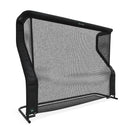 A large black net rebounder with a rectangular frame, designed for sports training, is positioned upright against a white background.