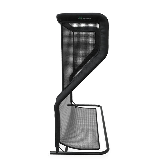 Side view of a black and gray sports net with a metal frame designed for returning balls in various sports.