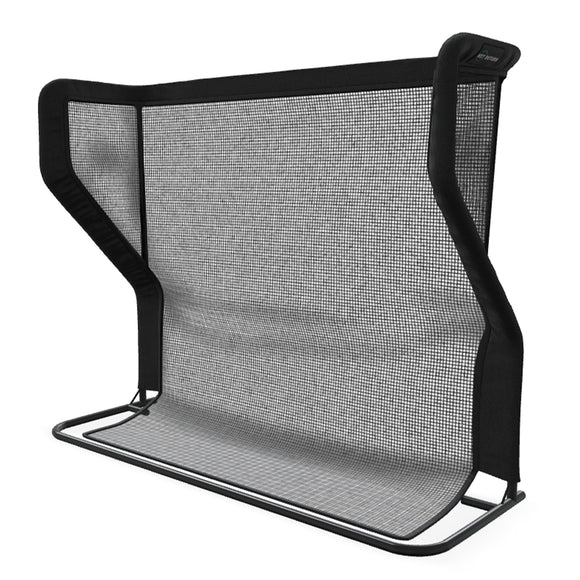 A black mesh safety barrier with a sturdy frame and fabric edges.