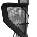 Close-up of a black net return with mesh design, featuring a curved frame and reinforced edges.