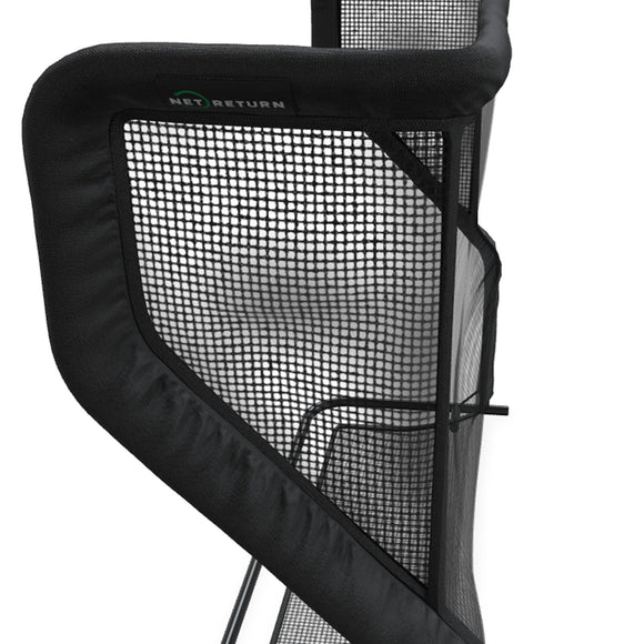 Close-up of a black net return with mesh design, featuring a curved frame and reinforced edges.