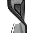 Close-up view of a black mesh gaming chair, focusing on the backrest and armrest details against a white background.