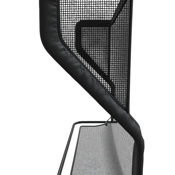 Close-up view of a black mesh gaming chair, focusing on the backrest and armrest details against a white background.