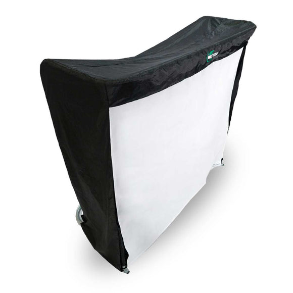 The Net Return Simulator Kit protective cover in black and white fits over a folded portable massage table with wheels, making it ideal for protecting your golf simulator equipment in the garage.