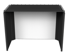 a standing black fabric enclosure with a large white screen