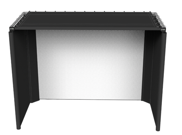 a standing black fabric enclosure with a large white screen