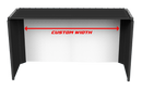 A black fabric enclosure and a white screen, shown from above with a red arrow and the text 'CUSTOM WIDTH' indicating customizable interior width.