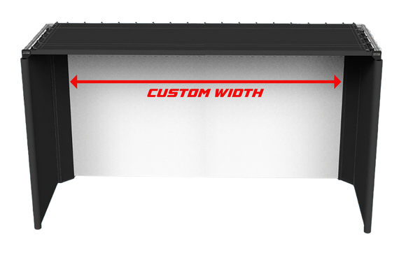 A black fabric enclosure and a white screen, shown from above with a red arrow and the text 'CUSTOM WIDTH' indicating customizable interior width.