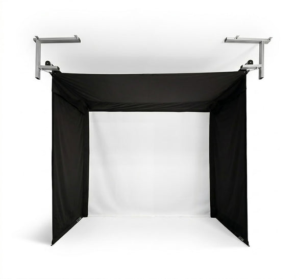 a black fabric enclosure hanging from silver mounts with a large white screen