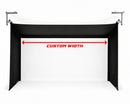 Black fabric enclosure with silver metal mounting brackets, shown on a white background with a red double-arrow overlay labeled 'CUSTOM WIDTH'.