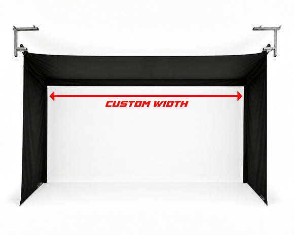 Black fabric enclosure with silver metal mounting brackets, shown on a white background with a red double-arrow overlay labeled 'CUSTOM WIDTH'.