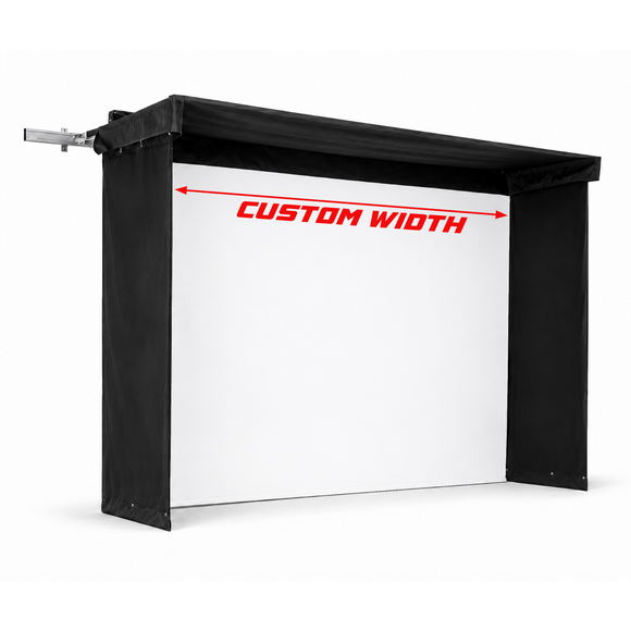 Customizable screen and enclosure with a white front panel, featuring a red 'CUSTOM WIDTH' arrow overlay indicating adjustable width, shown on a clean white background.