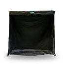A black golf practice net with a frame, featuring a green and white logo at the top center.