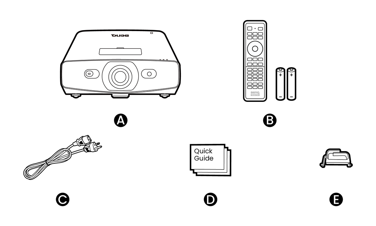 BenQ AK900ST package contents: projector, remote control with batteries, power cord, quick start guide and cable management clip