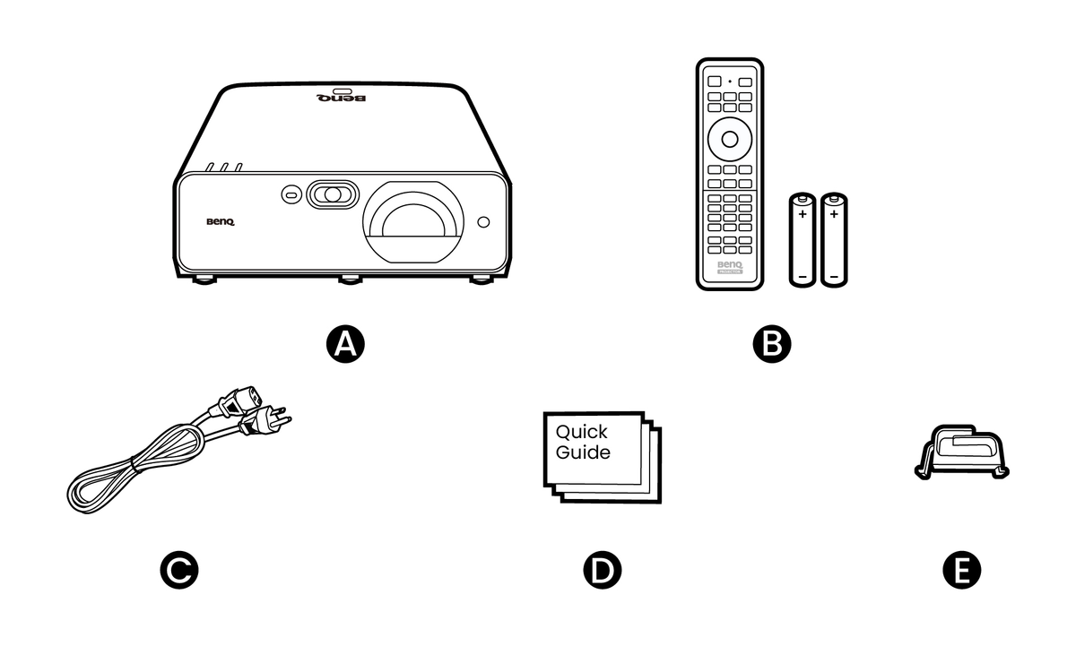 BenQ AK800ST package contents: projector, remote control with batteries, power cord, quick start guide and cable management clip