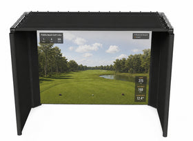 Golf simulator screen displaying a golf course with trees and sky.