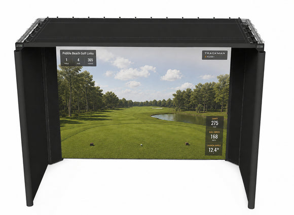 Golf simulator screen displaying a golf course with trees and sky.