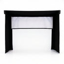 Black curtains frame a retractable screen on a white background