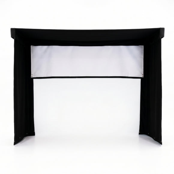 Black curtains frame a retractable screen on a white background