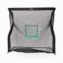 A black sports net with a green square marking in the center, designed for practicing ball accuracy.