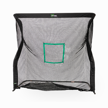 A black sports net with a green square marking in the center, designed for practicing ball accuracy.