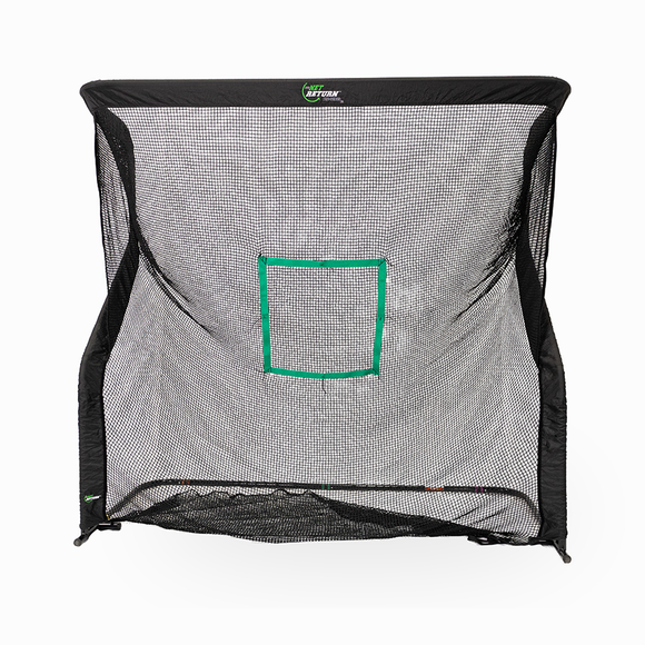 A black sports net with a green square marking in the center, designed for practicing ball accuracy.
