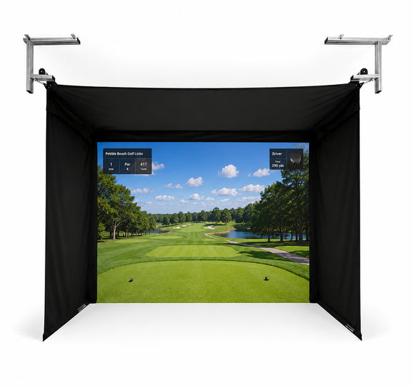a black fabric enclosure hanging from silver mounts with a large screen displaying a golf simulator