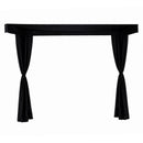 Black curtain pinned back set on a white background