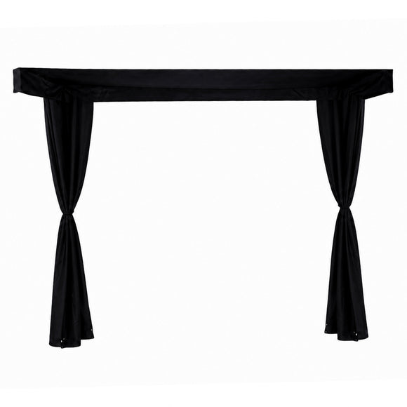 Black curtain pinned back set on a white background