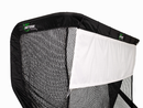 A close-up of The Net Return Split Screen Accessory (net not included), a white panel attached to a golf net's upper section, featuring “The Net Return” logo—ideal for golf simulator setups. Screens are not returnable.