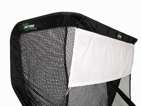 A close-up of The Net Return Split Screen Accessory (net not included), a white panel attached to a golf net's upper section, featuring “The Net Return” logo—ideal for golf simulator setups. Screens are not returnable.