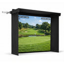 Black curtains surrounding a large screen displaying a golf course