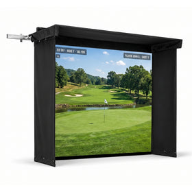 Black curtains surrounding a large screen displaying a golf course