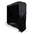 The Net Return Simulator Kit features a black outdoor cover draped over a rectangular metal frame, partially revealing a mesh net—perfect for protecting your home or garage golf simulator setup.