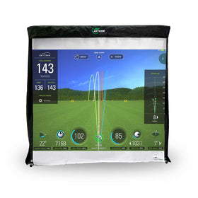The Net Return Simulator Kit displays golf shot data like yardage, angles, and ball speed—ideal for home or garage setups with a lifelike virtual driving range background.