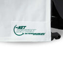 Close-up of a white fabric patch featuring The Net Return logo and website in green, ideal for your Custom Simulator Screen needs.