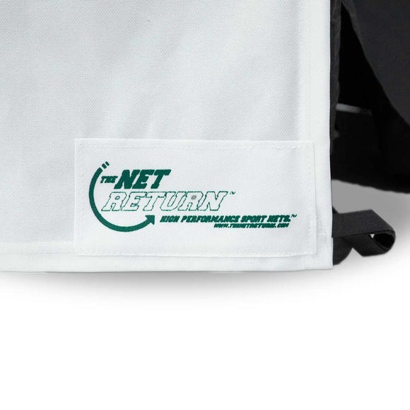 Close-up of a white fabric patch featuring The Net Return logo and website in green, ideal for your Custom Simulator Screen needs.