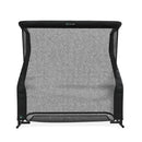 Black sports net with a sturdy frame, designed for practicing ball returns, against a white background.