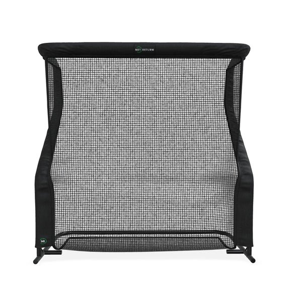 Black sports net with a sturdy frame, designed for practicing ball returns, against a white background.