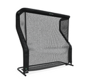 Black sports net with a sturdy frame, designed for practice or training purposes, set against a plain white background.