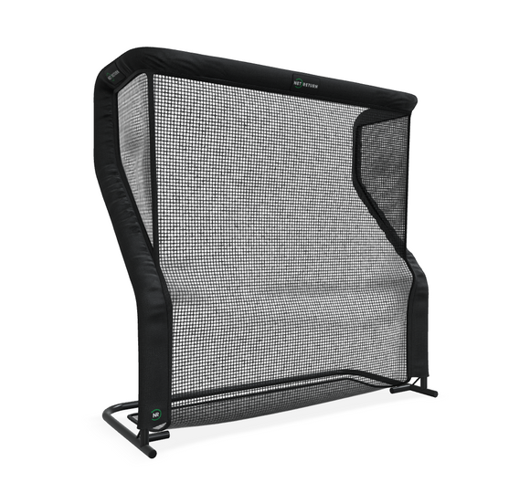 Black sports net with a sturdy frame, designed for practice or training purposes, set against a plain white background.
