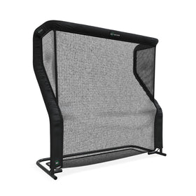 A black, free-standing sports net with a rectangular frame and curved upper corners, designed for practicing shots and catches.