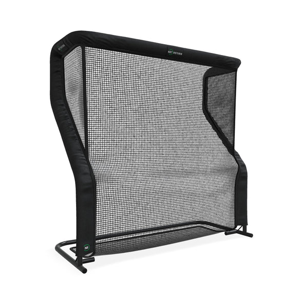 A black, free-standing sports net with a rectangular frame and curved upper corners, designed for practicing shots and catches.