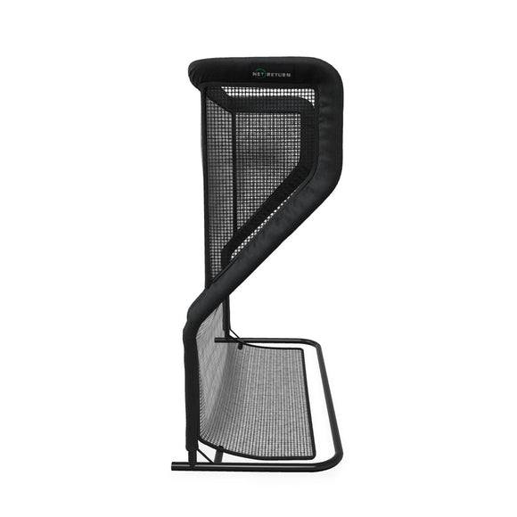 Side view of a black, metal-framed sports net with a curved top and mesh design, resting on a rectangular base.
