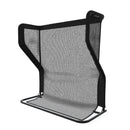A black and gray folding screen with a mesh surface and a sturdy frame, designed for catching or blocking objects.