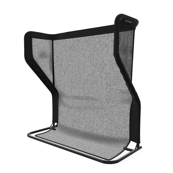 A black and gray folding screen with a mesh surface and a sturdy frame, designed for catching or blocking objects.