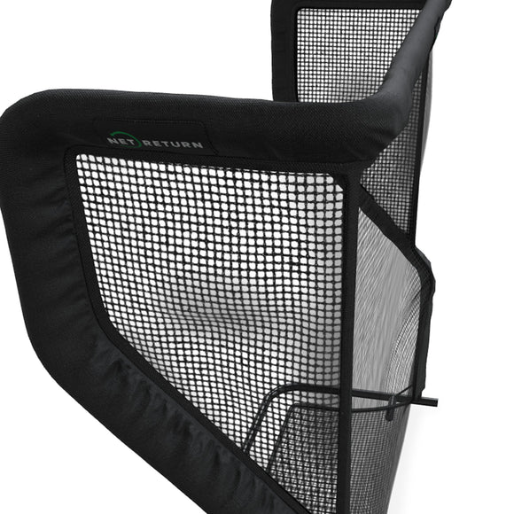 A corner view of a black sports net with a frame labeled "Net Return," designed to catch and return balls.