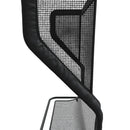 Close-up of a black mesh chair back with a geometric pattern and a metal frame.